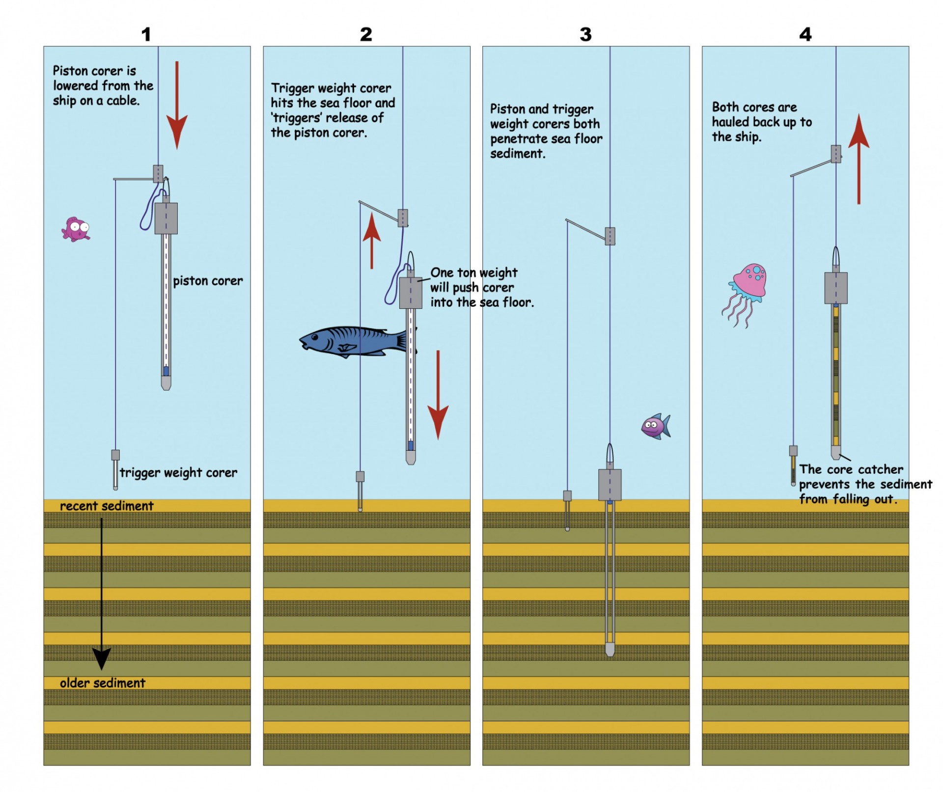 This image displays a piston corer lowering to the seafloor.