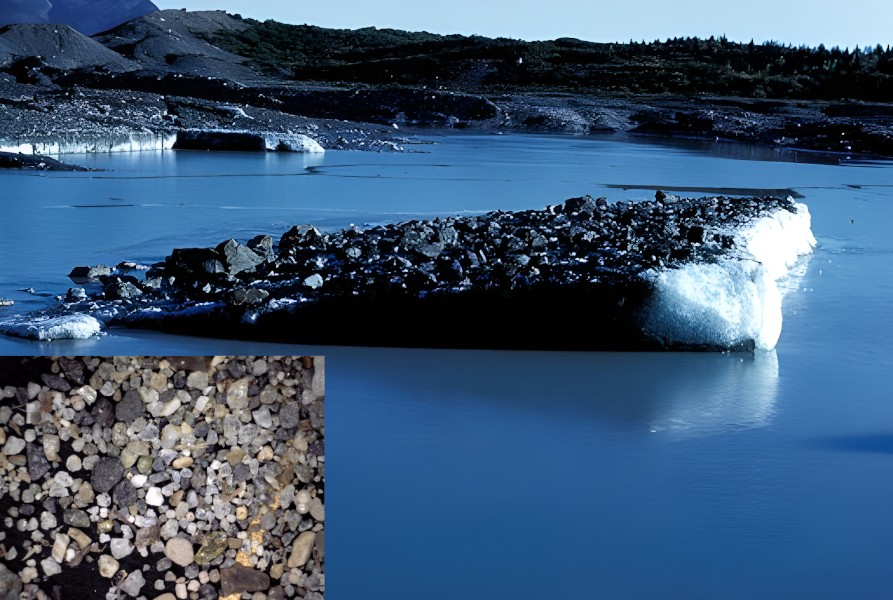 Ice-rafted debris. As glaciers move across land they scrape up bits of dirt and rock. When parts of the glacier break off and become icebergs they carry this debris out to sea. As the iceberg melts, the debris it was carrying drops to the ocean floor. ice rafted debris