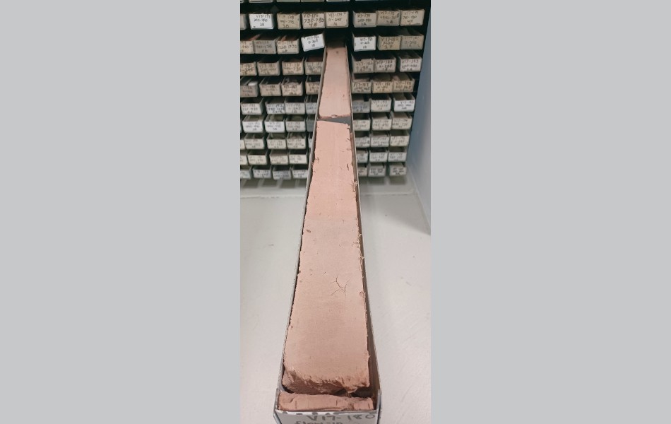 Deep Sea Clays. The sediments of the Abyssal Plain (the deepest parts of the ocean floor (aside from the trenches)) are mostly made of clay grains that were blown off land (Aeolian). a core of red clay