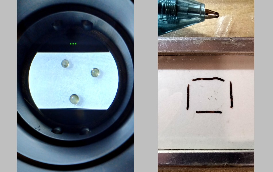 microtektites through a microscope and with a pen for scale